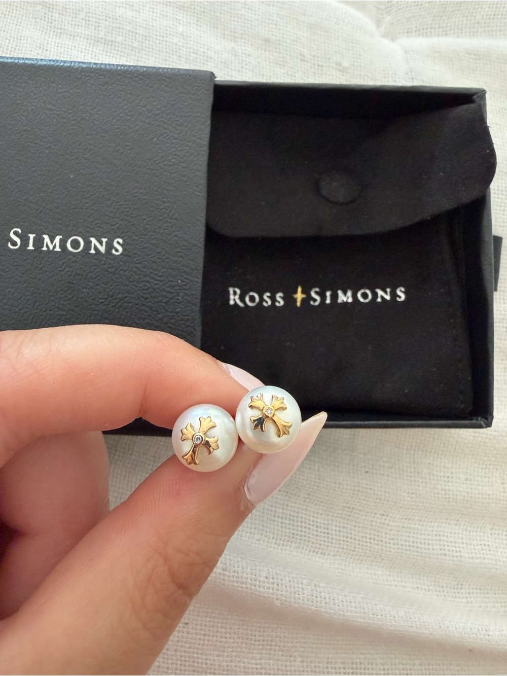 Ross-Simons White Pearl Stud Earrings with Gold Cross Motif